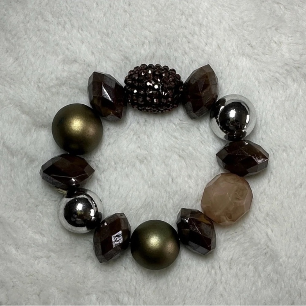 Mixed Bead Stretch Bracelet in Metallic Brown and Olive Green